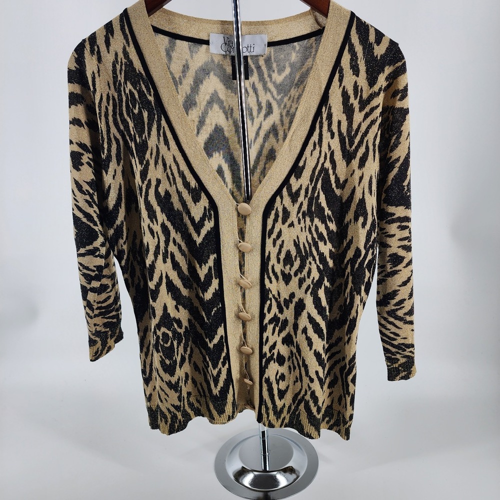 VTG Via Condotti‎ Cardigan Sweater Animal Print Gold Metallic Thread